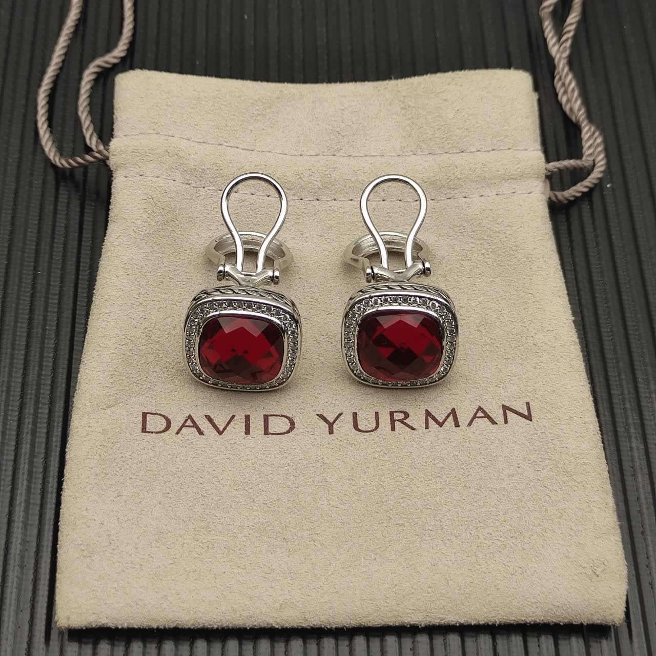 David Yurman Sterling Silver Albion Earrings with Red Diamonds